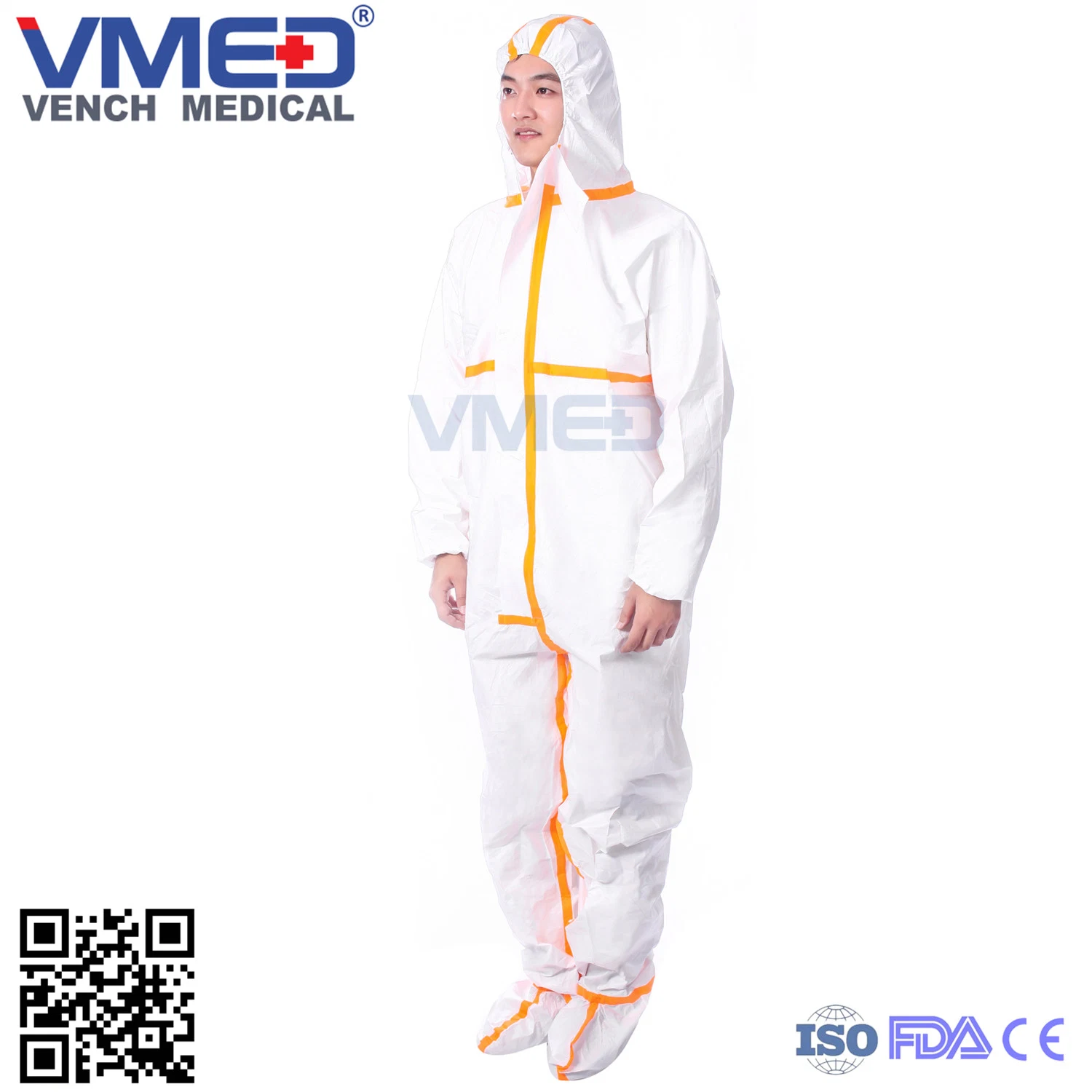 Disposable Type 5/6 White Micro-Porous Coverall with Orange Adhesive Strip