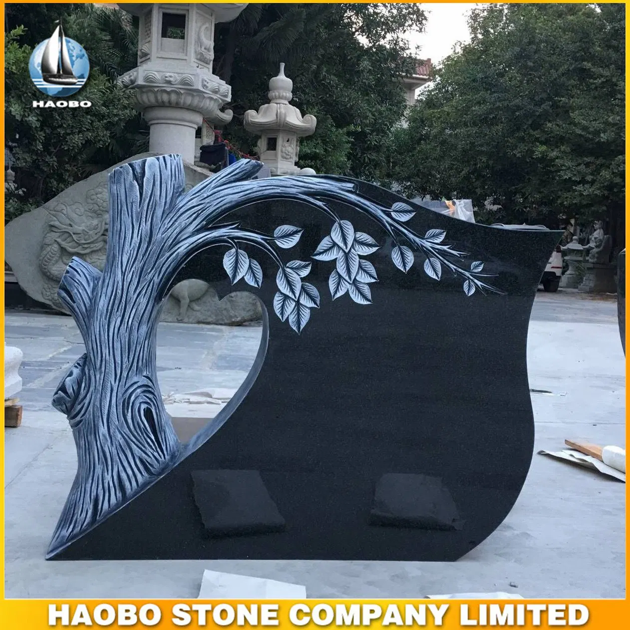 Black Granite Monument Tree Design Carved Headstone