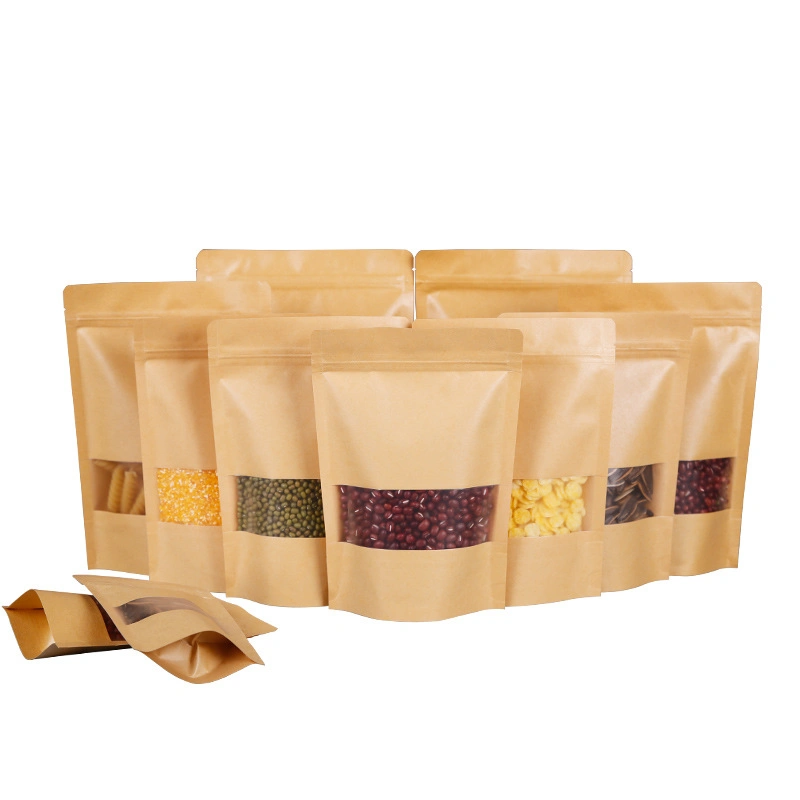 Natural Brown Kraft Paper Packaging Sealed Bags with Window, Custom Stand up Pouch