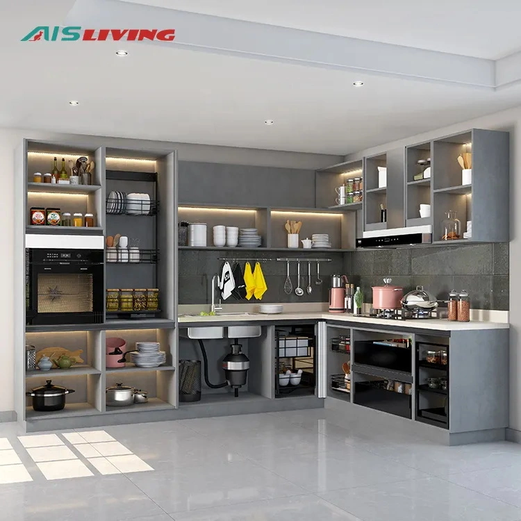 AIS Diseños modernos muebles de cocina personalizados asequibles de alta gama se utiliza en forma de L totalmente en blanco en pequeños armarios de cocina de melamina en China