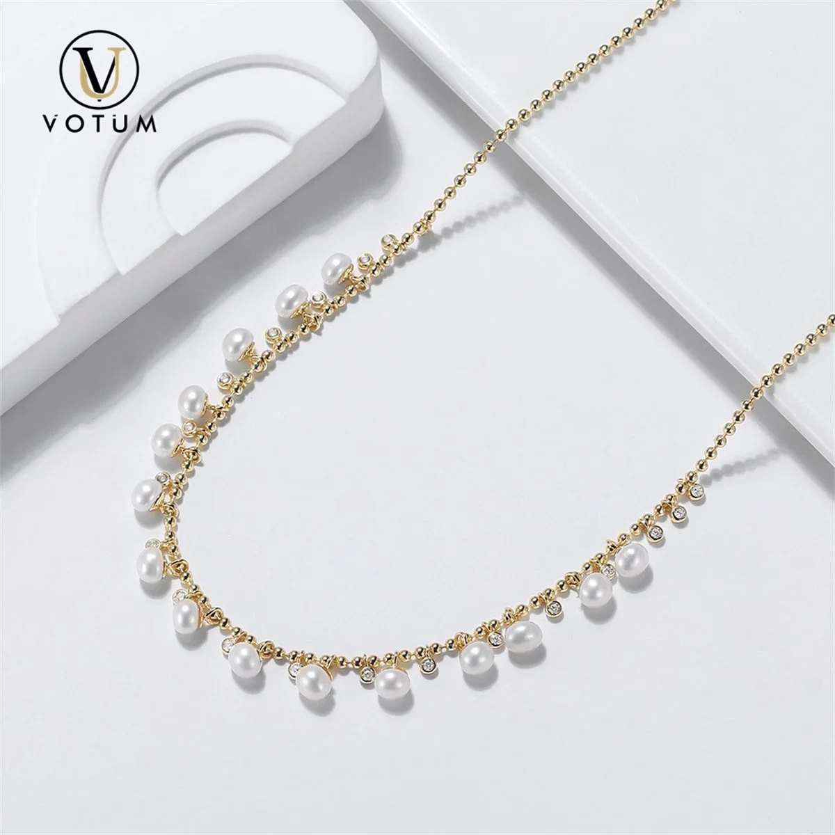 Votum OEM 925 Sterling Silver Gold Plated Chinese Freshwater Pearl Cubic Zirconia Necklace Jewelry