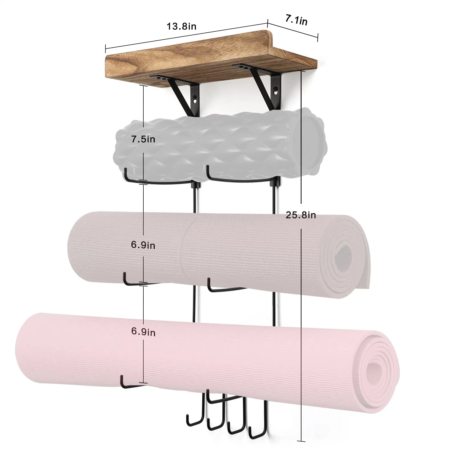 Yoga Mat Holder Wall Mount Yoga Mat Storage Home Gym Accessories with Wood Floating Shelves and 4 Hooks for Hanging Foam Roller and Resistance Bands at Fitness