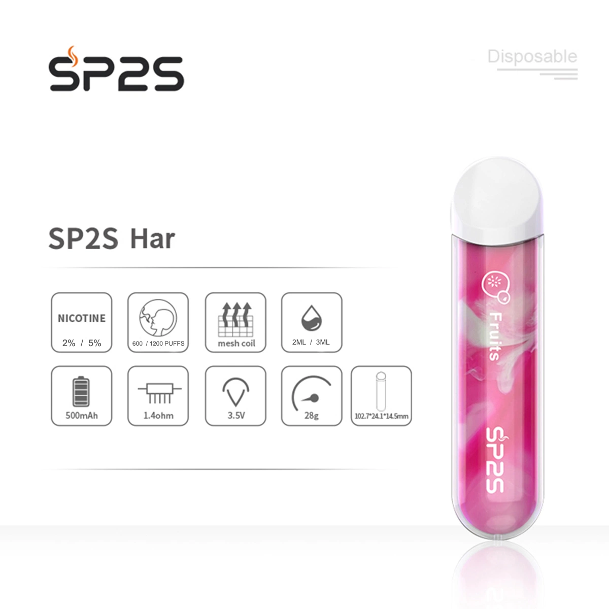 Sp2s Har 500 mAh 600 1200 Puffs 2ml Salt Nicotine Mesh Coil Wholesale/Supplier Vape Disposable/Chargeable E-Cig