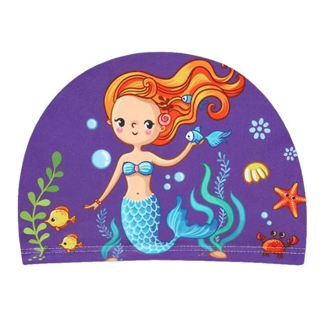 Benutzerdefinierte Logo Schwimmen Kappe für Kinder elastisches Gewebe Cute Cartoon Für lange Haare schöne Kinder schützen Ohren schwimmen Pool Hut Für Jungen Mädchen schwimmen