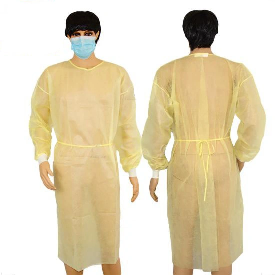 China Supply of Disposable PP+PE Isolation Gown Fluid Resistant Protective Gown in Stock