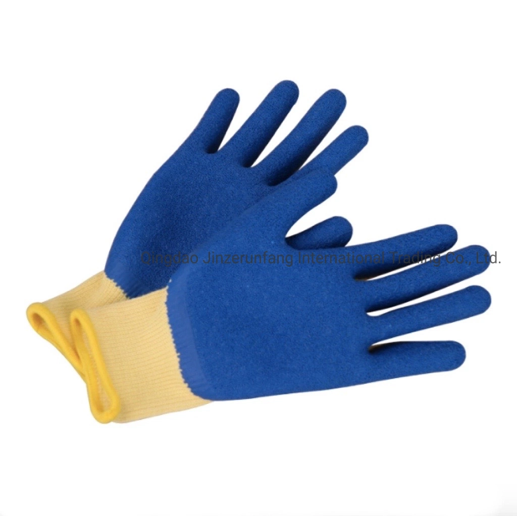 En388 Blue Latex Wrinkled Coated Yellow Polyester Safety Work Construction Gloves