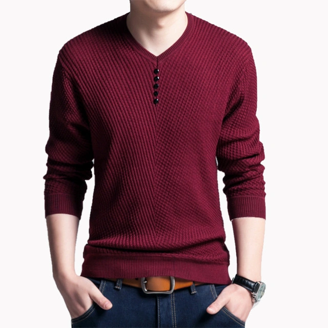 Custom Design Pure Jacquard Autumn Men Long Sleeve Knit Thick V-Neck Plain Color Men Pullover Sweater