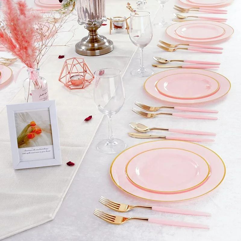 Disposable Rose Gold Dinnerware Set, Gold Rim Plastic Plates for Wedding Party