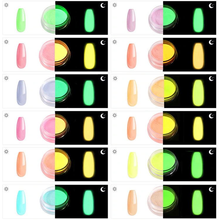 Diseño de uñas Nail polvo luminoso fluorescente brilla en la oscuridad de la uña de pigmento en polvo establecer 12 colores pigmento en polvo acrílico para uñas