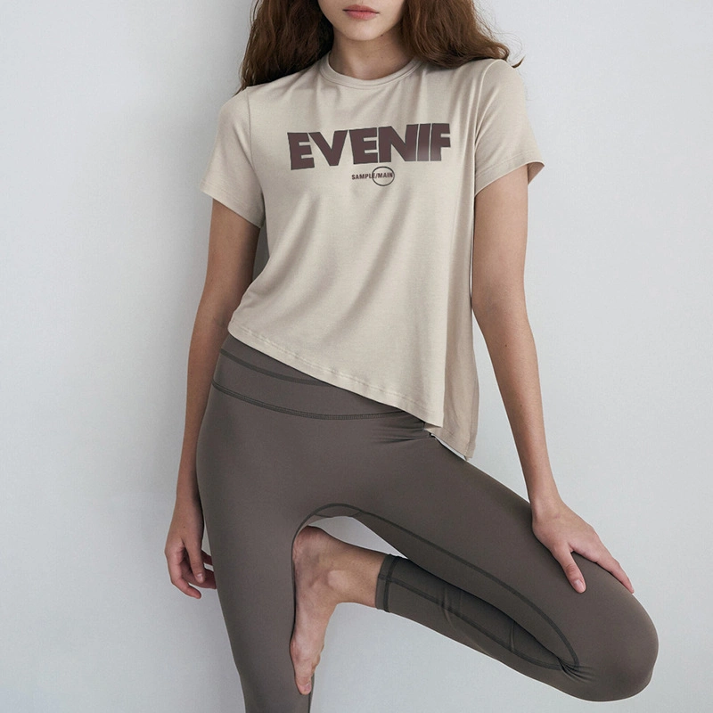 European and American Style New Design Summer Yoga Wear Sports Top Split Print Short Sleeve Women's T-Shirt/T-Shirts/Tshirt/Tshirts/Clothing/Garment/Apparel