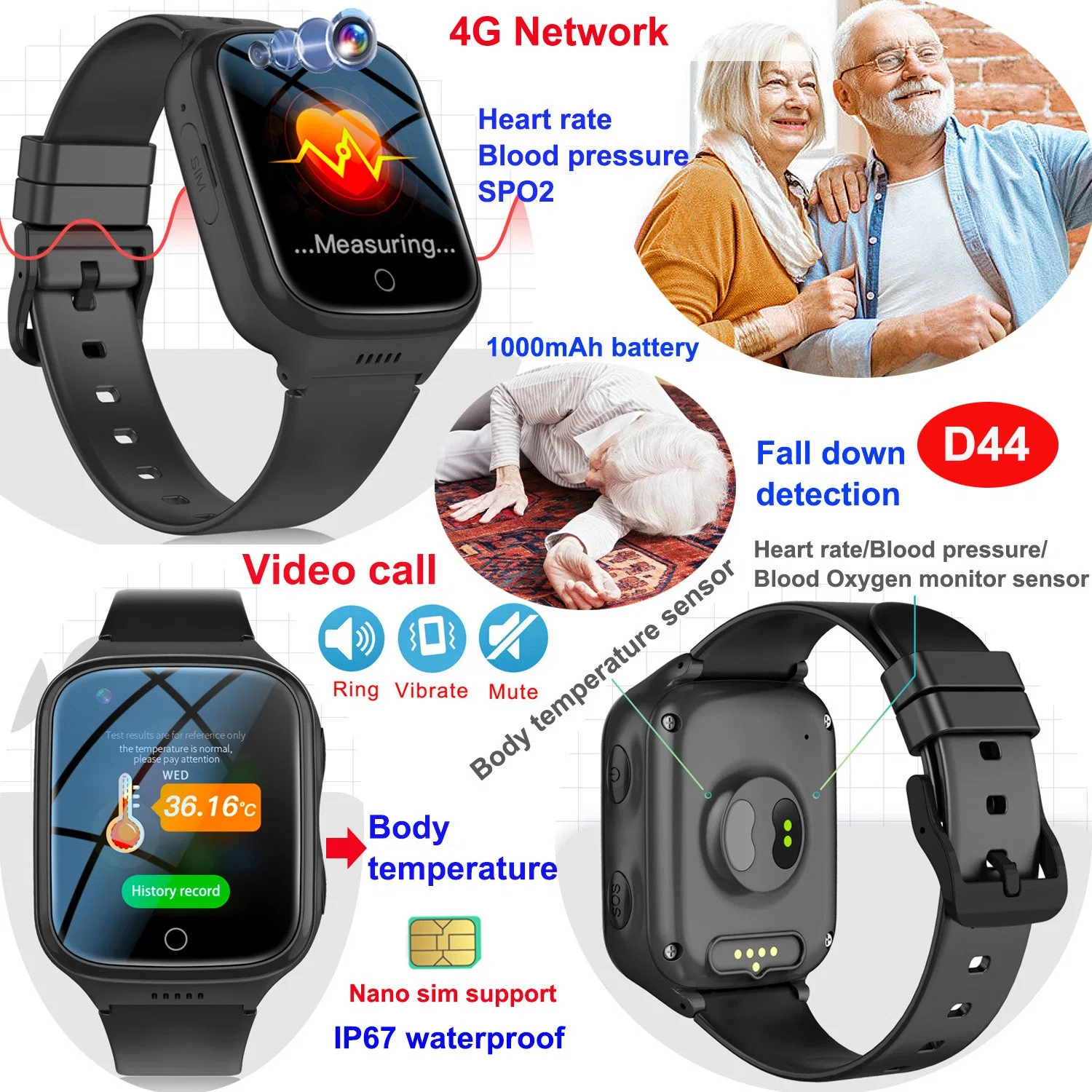 New arrival China manufacturer 4G Waterproof IP67 Senior Healthcare Smart Watch GPS tracker with video call fall down detection HR BP SPO2 D44