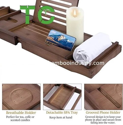 Cheap Price Brown Bamboo Bathtub Tray Caddy with Book Tablet Stand Wine Glass Candle Phone Holder Soap Dish Non-Slip Extending Sides Bathroom Organizer