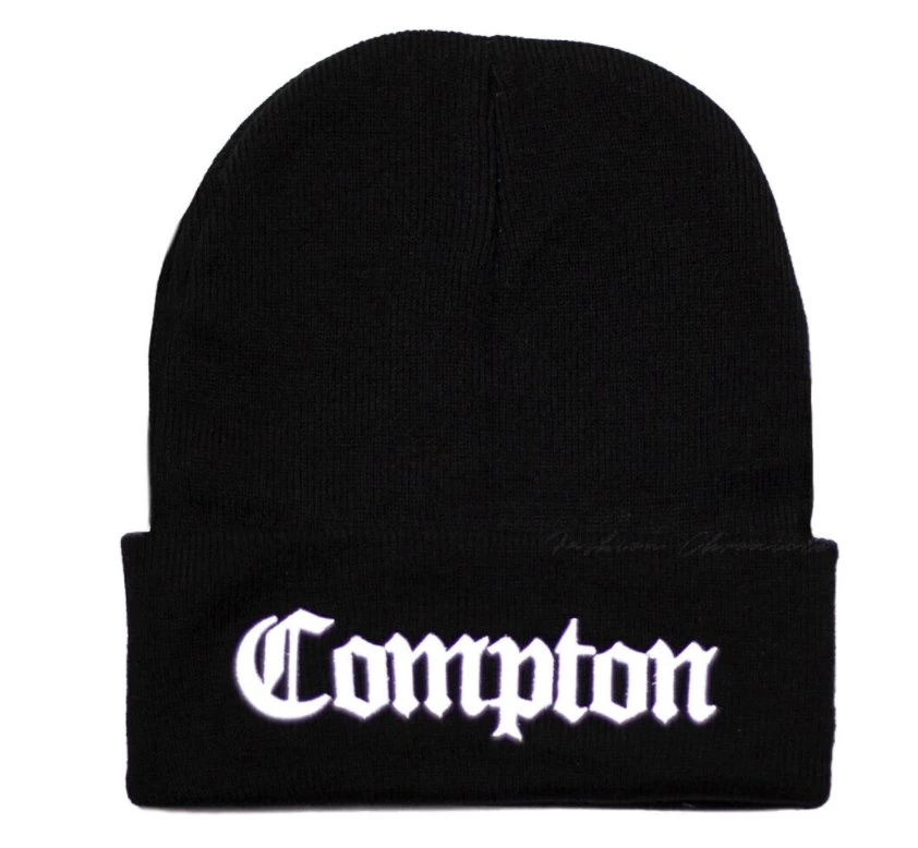 Beanie Hat Compton Embroidery Black Ribbed Knit Winter Ski Cap Warm Solid Men