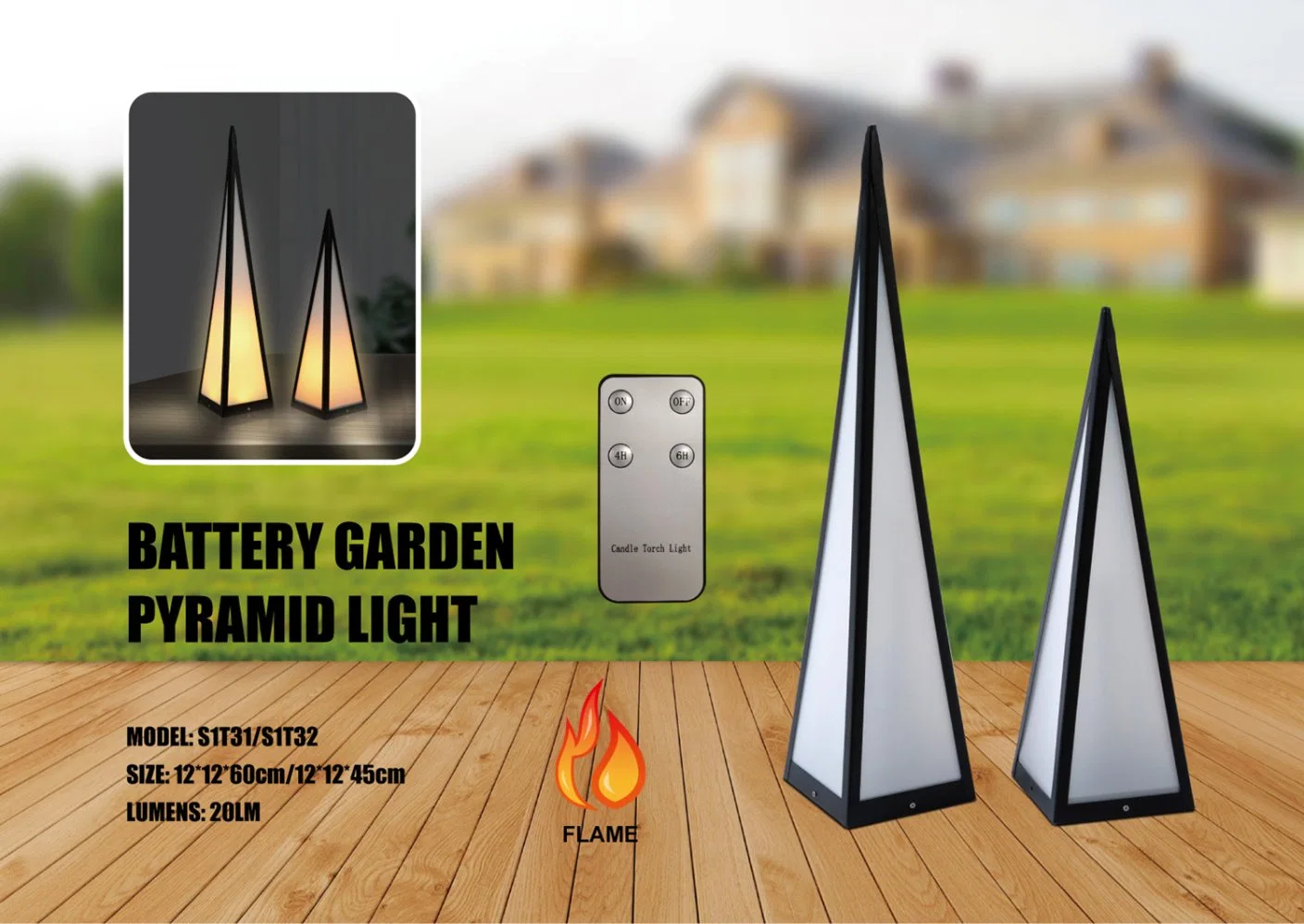 Battery Pyramid Decorative Light with Flame Effect LED (indoor/outdoor)