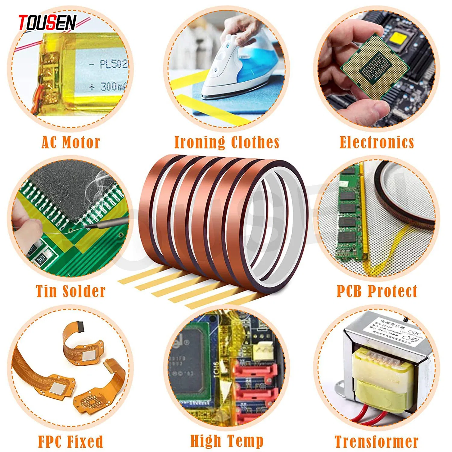 Tousen Polyimide Tape Heat Resistant Tape Thermal Tape Good Endurance Customized Die-Cuting for Masking Protection