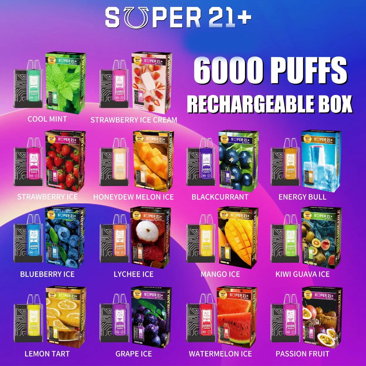 Super 21 couleurs multiples goût de fruits Prix de gros 6000 bouffées Stylo Vape jetable avec 13ml 0% 2% 3% 5% jus