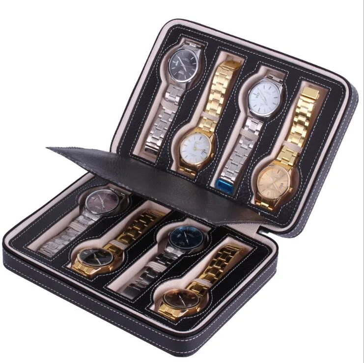 Hot Selling Portable PU Leather 4 Slots Zipper Watch Bag, PU Leather Travel Watch Box Case for 2 Watches Storage, Mens Luxury PU Leather Watch Box