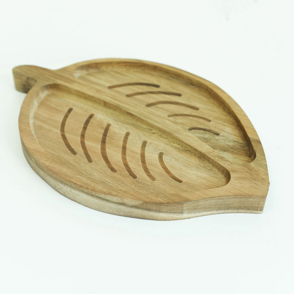 Forma de la hoja platos de madera reutilizables para servir Plato de madera para merienda Pastel