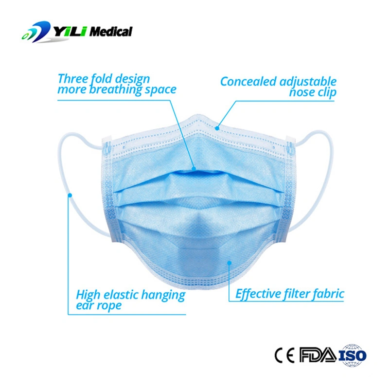 Surgical Hospital Nonwoven 3ply Disposable Face Mask with Elastic Ear-Loops