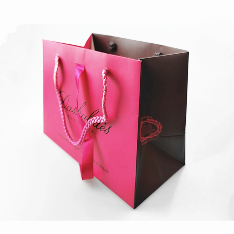 Lovely Ribbons Handle Pink Coffee Cmyk Printing Logo Rope Jewelry Paper Bag