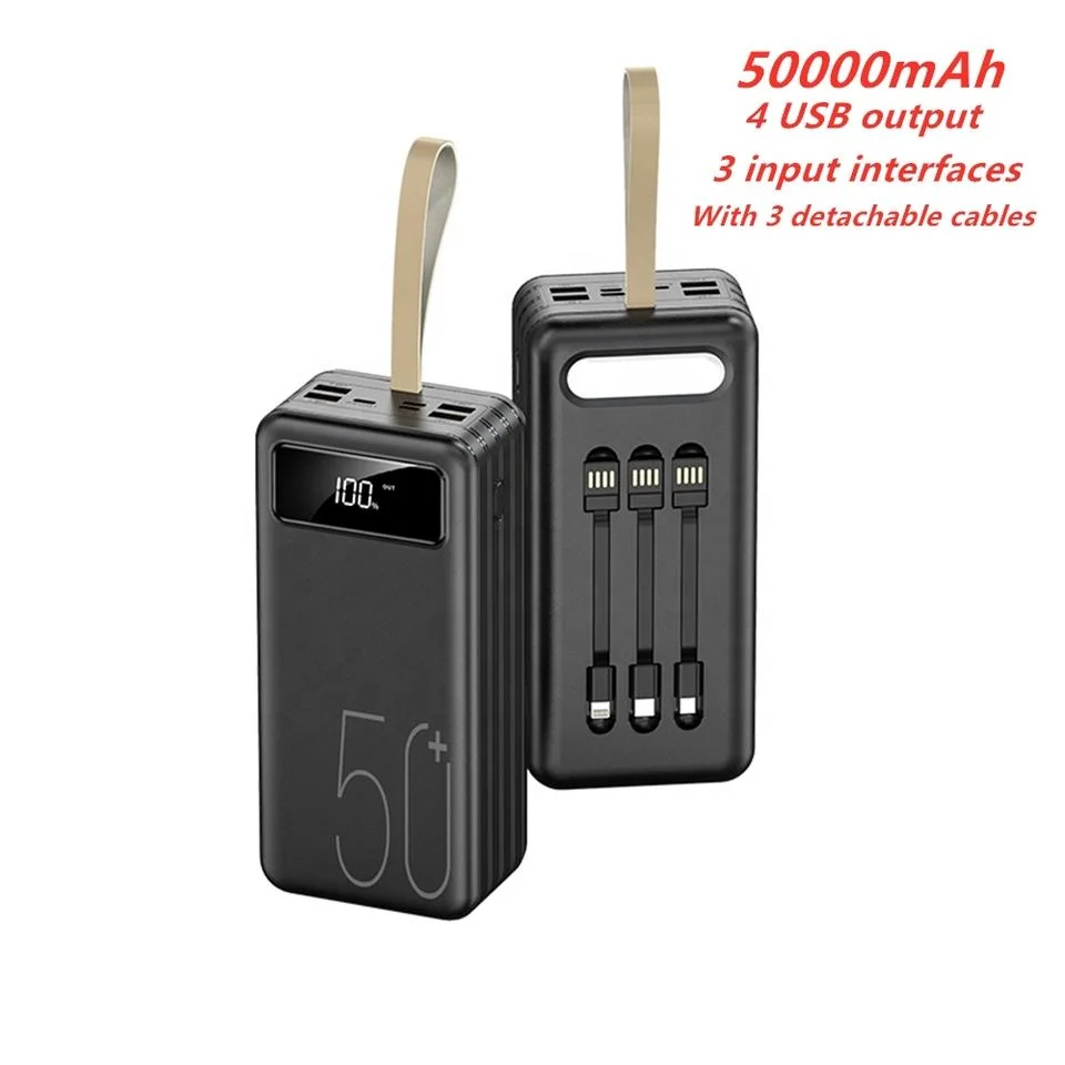 Nouvelle batterie externe de 50000mAh, livrée avec trois câbles, chargeur de téléphone à grande capacité, 4 sorties USB, banque d'alimentation portable de 50000mAh.