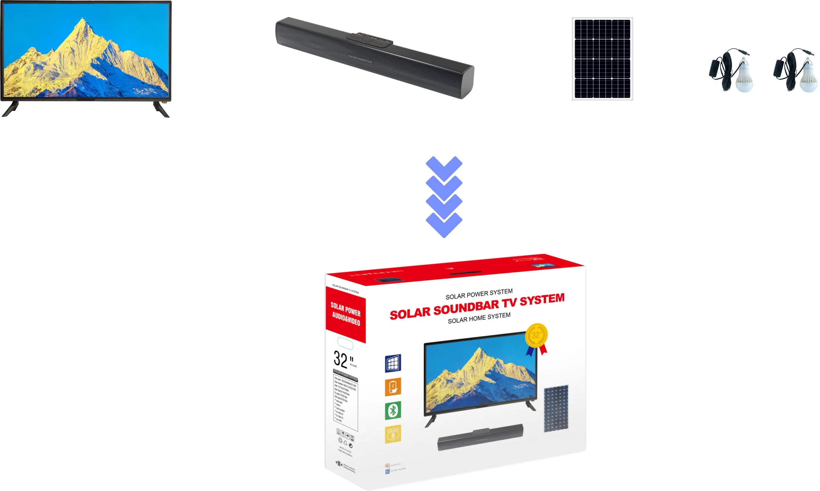 Pcv Solar Kit système d'énergie solaire énergie solaire Système TV de la Soundbar pour éclairage solaire DC TV + DC ventilateur, avec fonction de recharge de téléphone