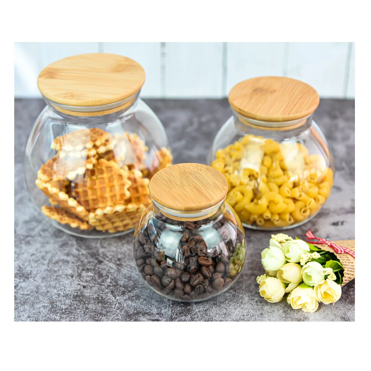 Stackable Kitchen Canisters Set, Airtight Food Storage Canisters Set of 3 - Glass Storage Jar with Bamboo Air Tight Lid