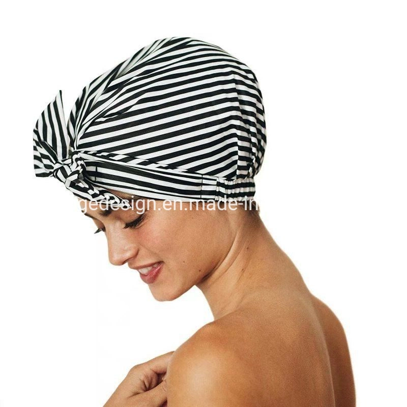 Fashion Women Stripe Coconut Palm and Polka DOT Print Pattern Waterproof Reusable Shower Hair Caps for Long Short Curly