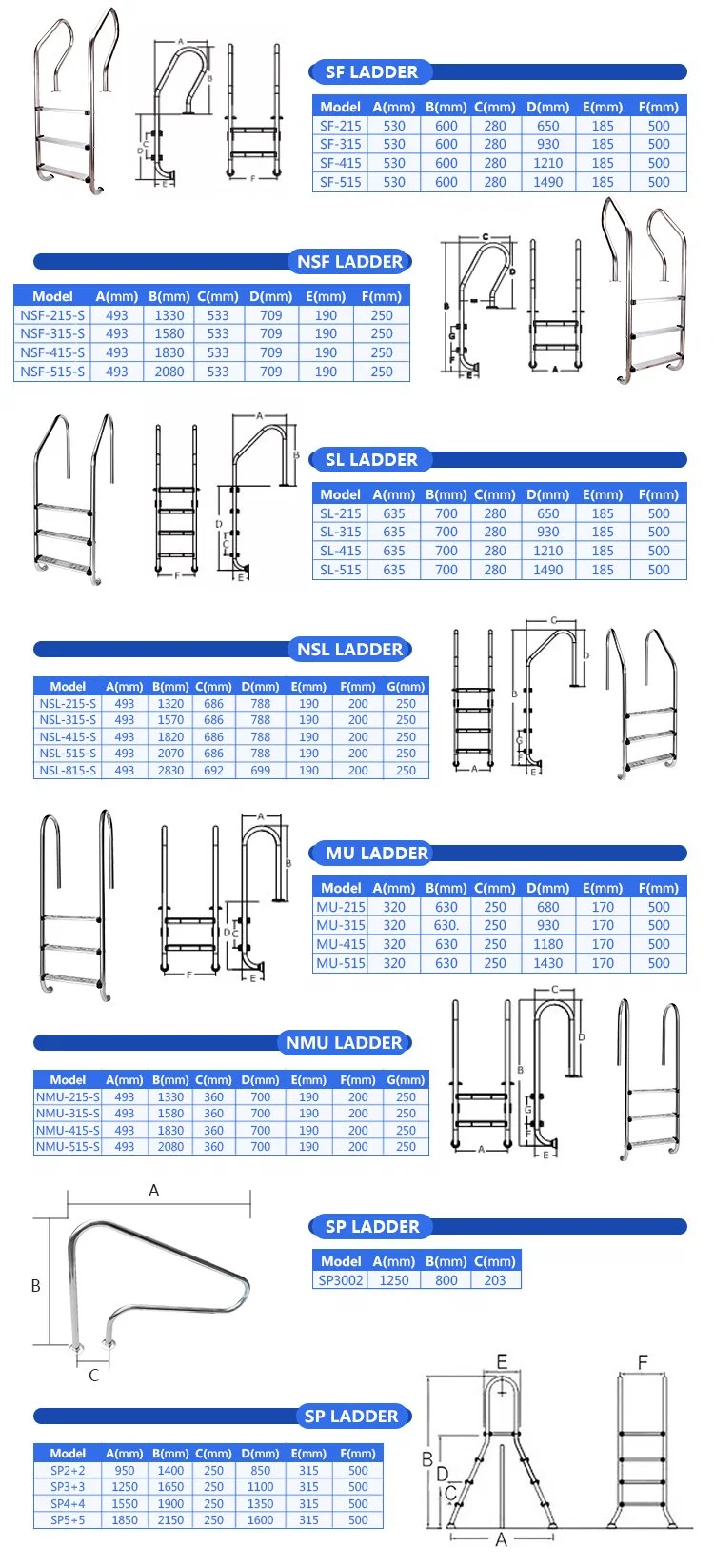 Venta directa de fábrica Precio competitivo natación Popl Escalera con pasamanos de escalera de acero inoxidable Antideslizante escalera escalera Piscina