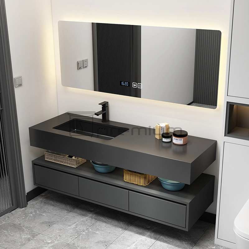 Moderno y espacioso cuarto de baño de madera de tamaño de la piedra de sinterizado encimera de la vanidad de espejo LED combinado Muebles de baño de lujo