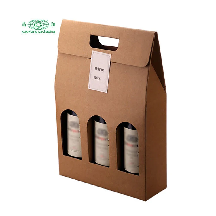 Wholesale Custom Printed Foldable Corrugated Wine Boxes 3-Bottle Paper Packaging with Window