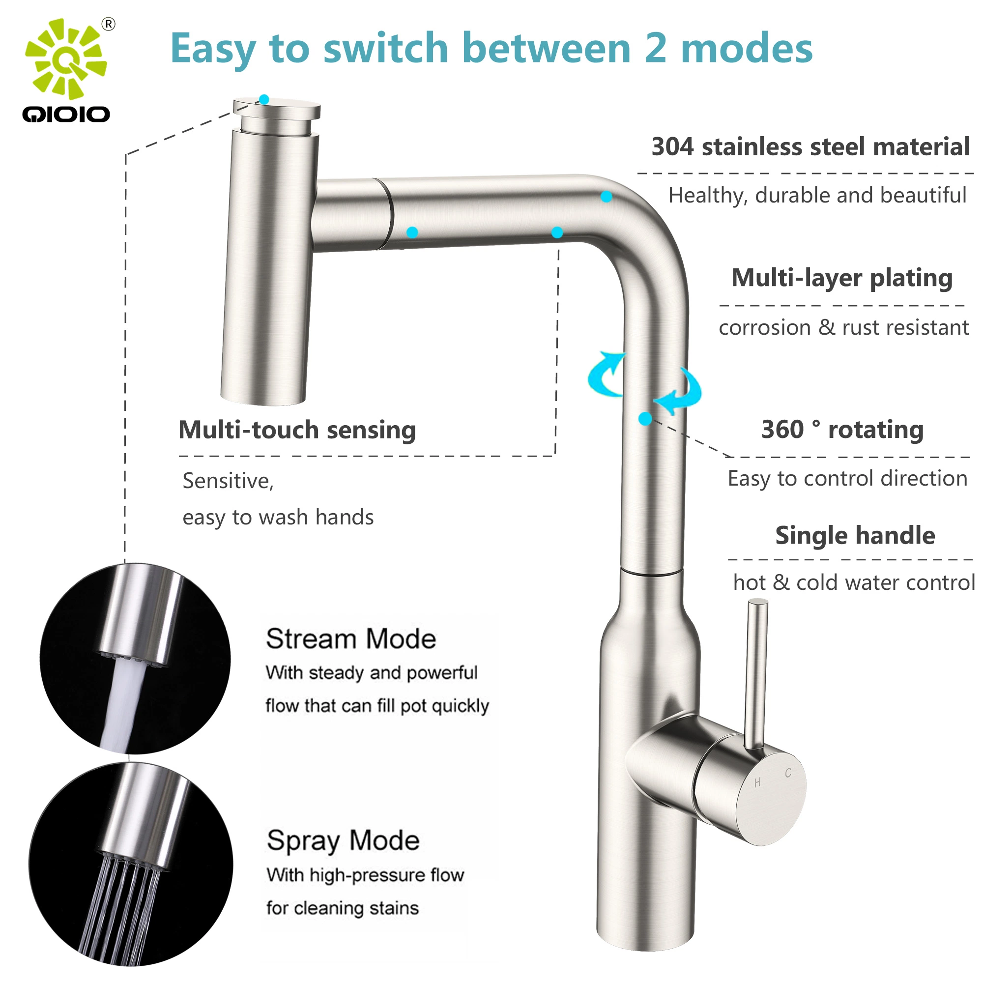 China Original Manufacturing Stainless Steel Sensor Pull out Faucet Mixer Kitchen Faucet