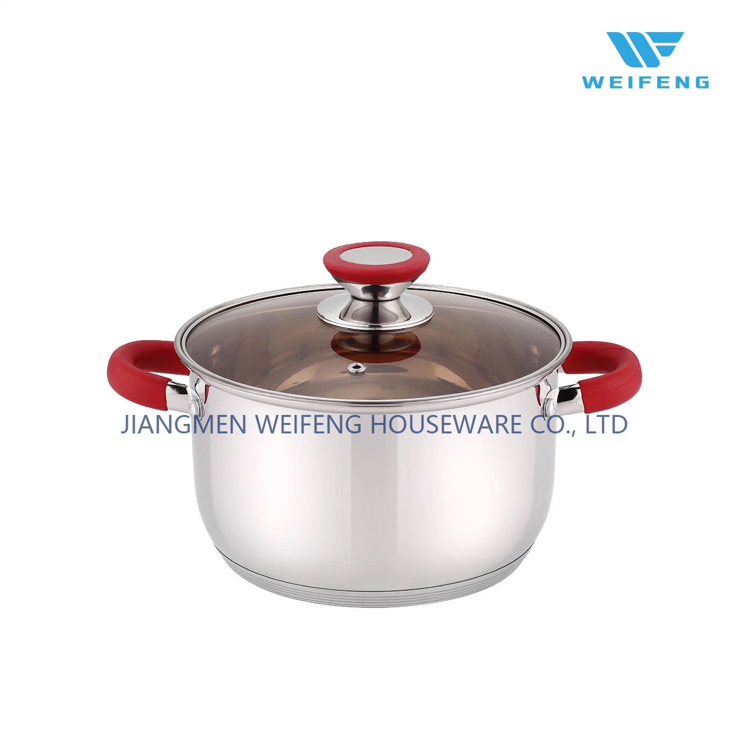 Red Silicone Riveted Handle, Stainless Steel Cookware with Brown Class Lid