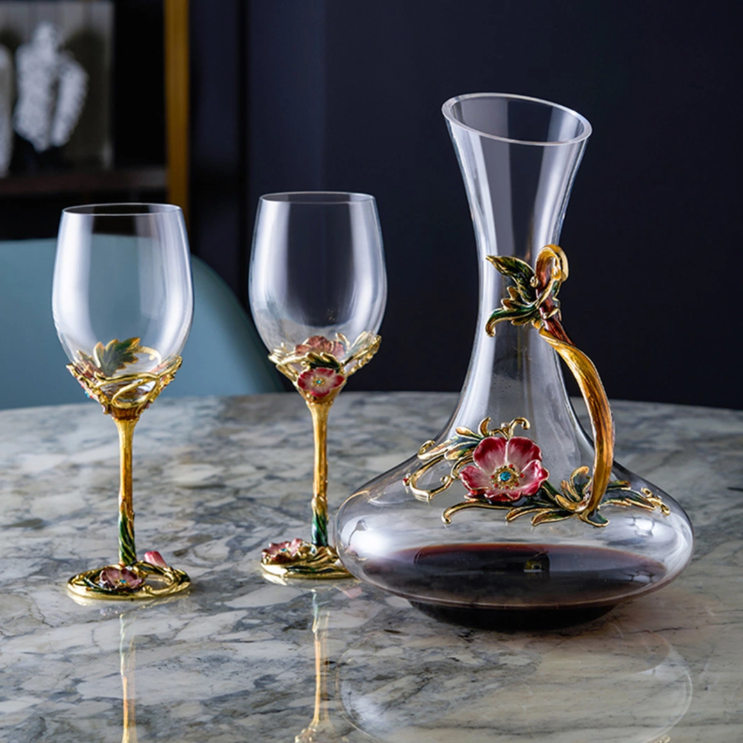 Flower Language Daisy Wine Glass Three-Piece Enamel Craft Wine Glass Decanter Set