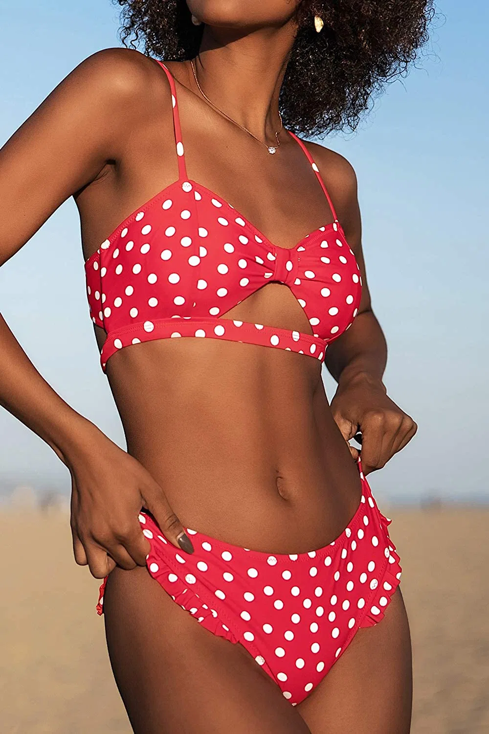 Women's Red Polka DOT Cutout Ruffles Back Hook Closure Bikini Sets