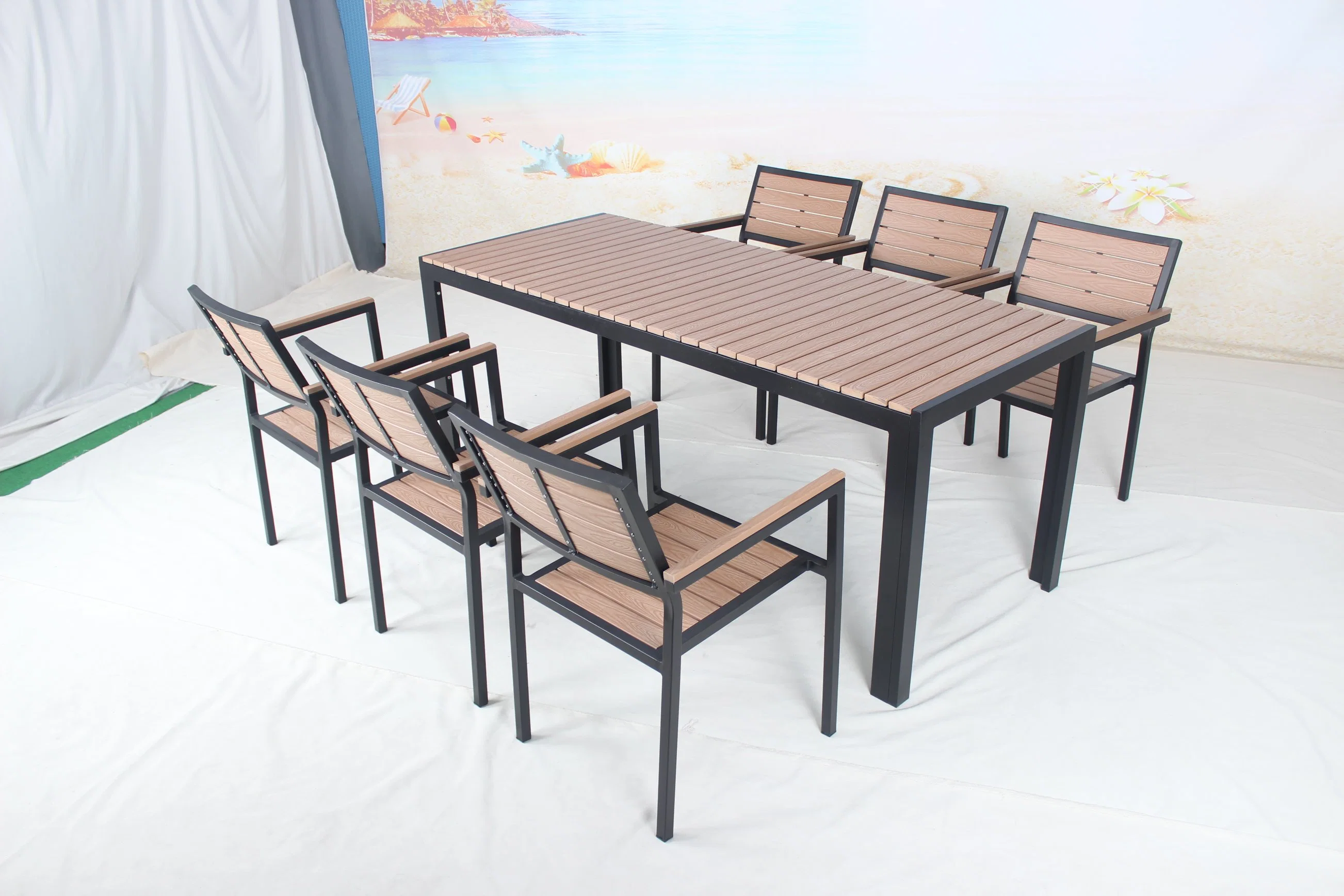 Outdoor Restaurant 7 Pieces Plastic Wood Table Chairs Garden Furniture Dining Set