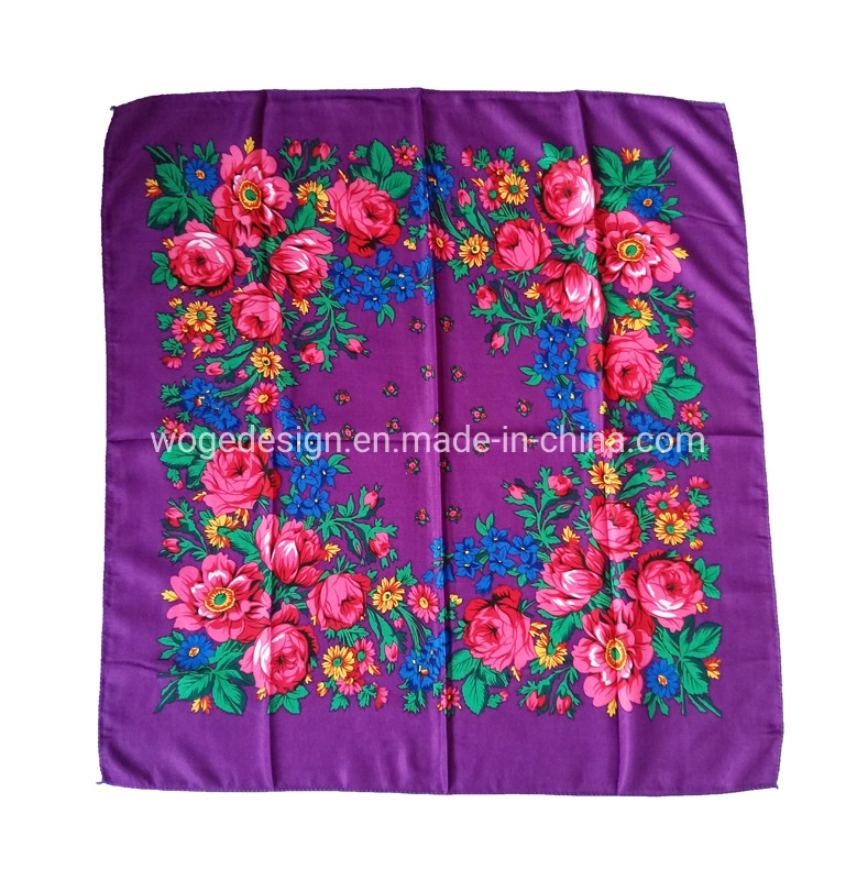 China Premium Factory Unique Muffler Headwrap Shawl Lady Babushka Print Flowers Cotton Feeling Polyester Square Russian Scarfs