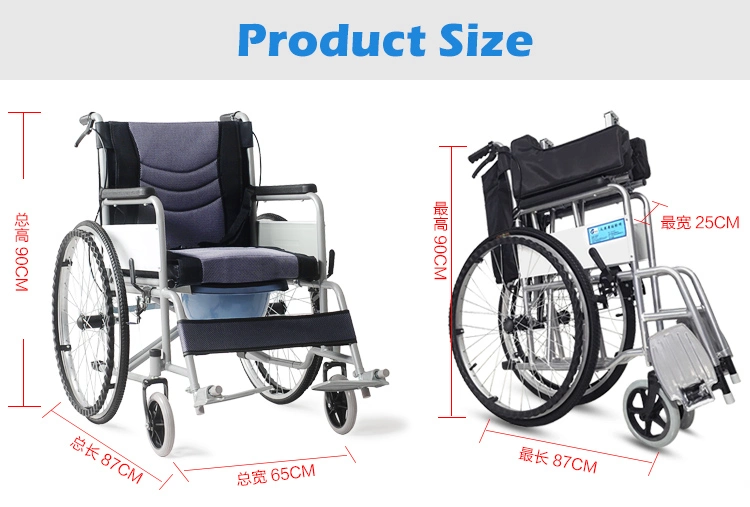 Portable Household Health Nursing Steel Frame Powder Coating Manual Commode Function Wheelchair with Handbrake