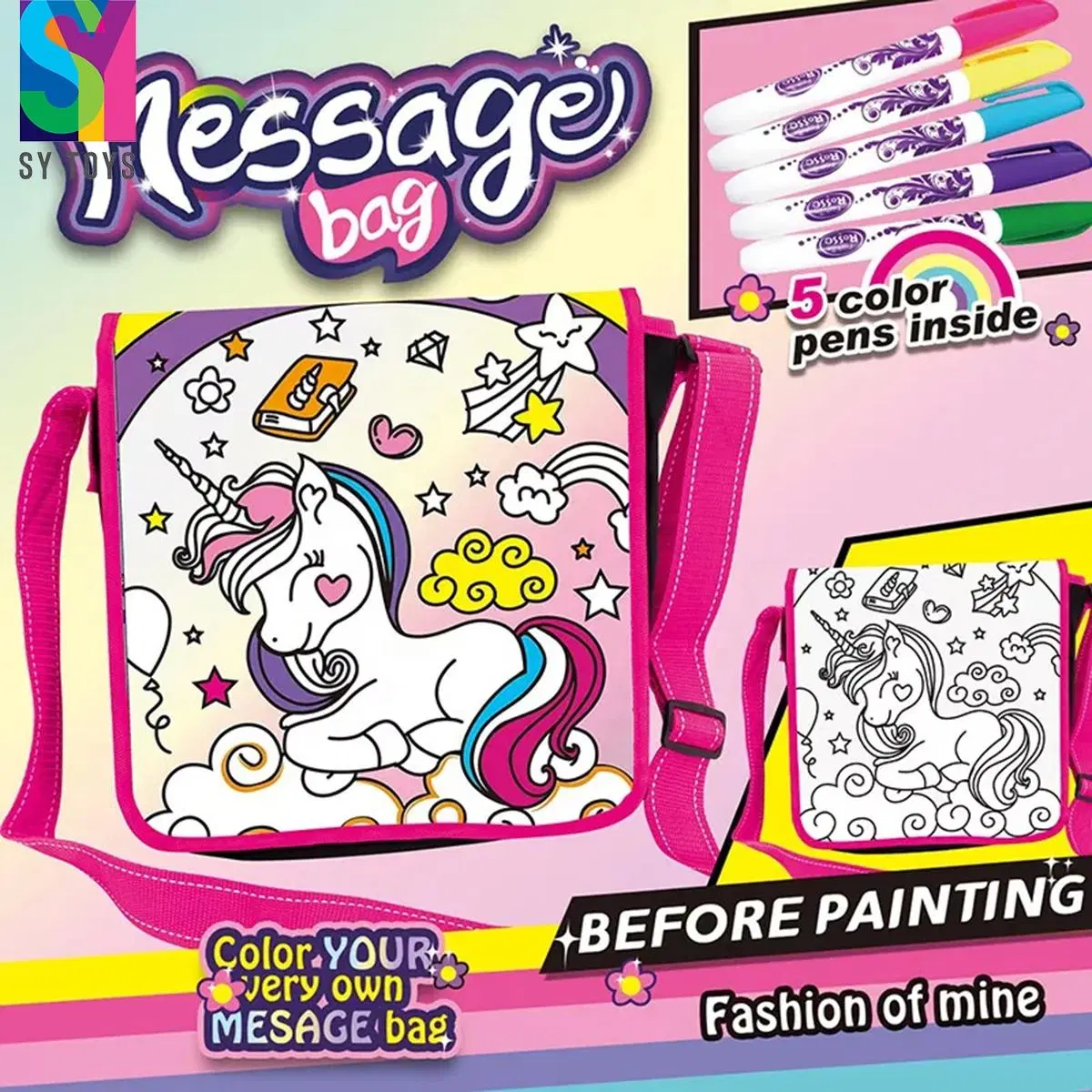 SY DIY personalizado bolsas de fideos actividad de arte mejor color de regalo Tu propio Unicorn Messenger Bolsa de Artesanía Kit para niñas