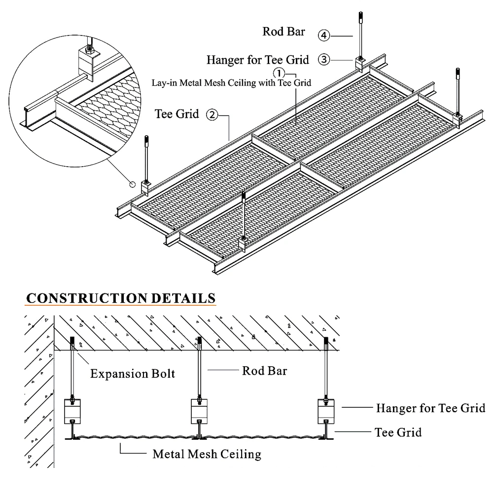 Material de oficina de construcción Metal suspendido decorativo techo aluminio alambre de malla Panel de techo