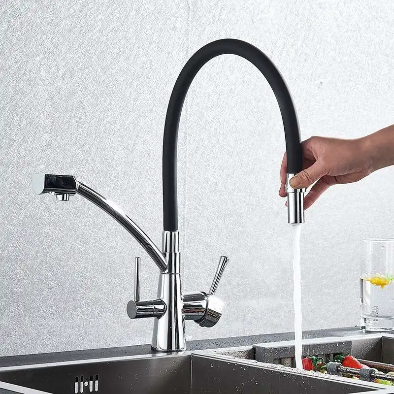 Agua caliente y fría Mezclador de agua pura Tap Out 3 Manera Cocina purificación flexible rotada Doble filtro de boquilla grifo Cocina