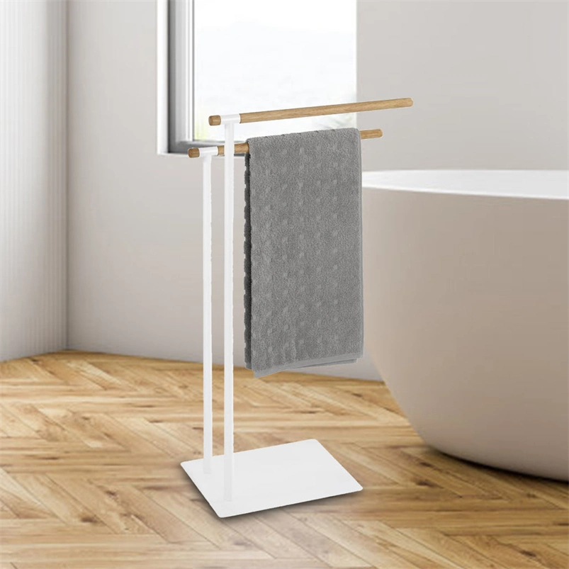 Eco-Friendly Metal and Bamboo Floor Standing Towel Rack - Modern Bath Accessories with Two Bars for Quick Drying