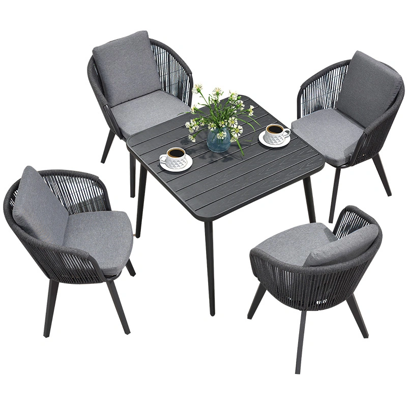 Plastic Wood Table and Rope Chair Outdoor Furniture