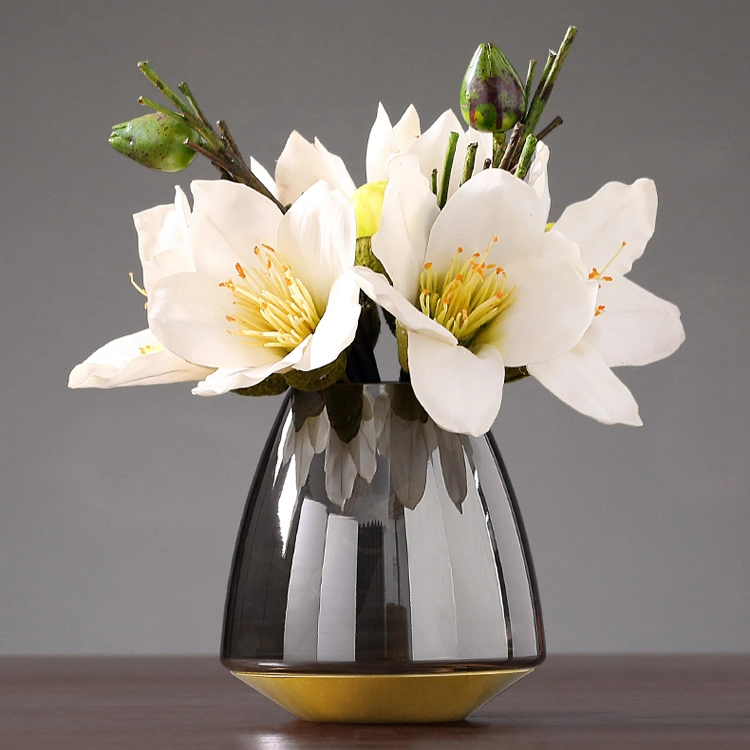 Luxury Modern Grey Glass Vase with Brass Base