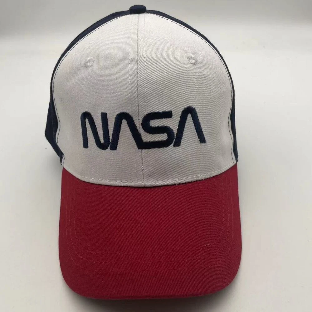 Adult Cotton Five Piece Flat Browed Baseball Cap with Embroidery Nasa Logo and Metal Button