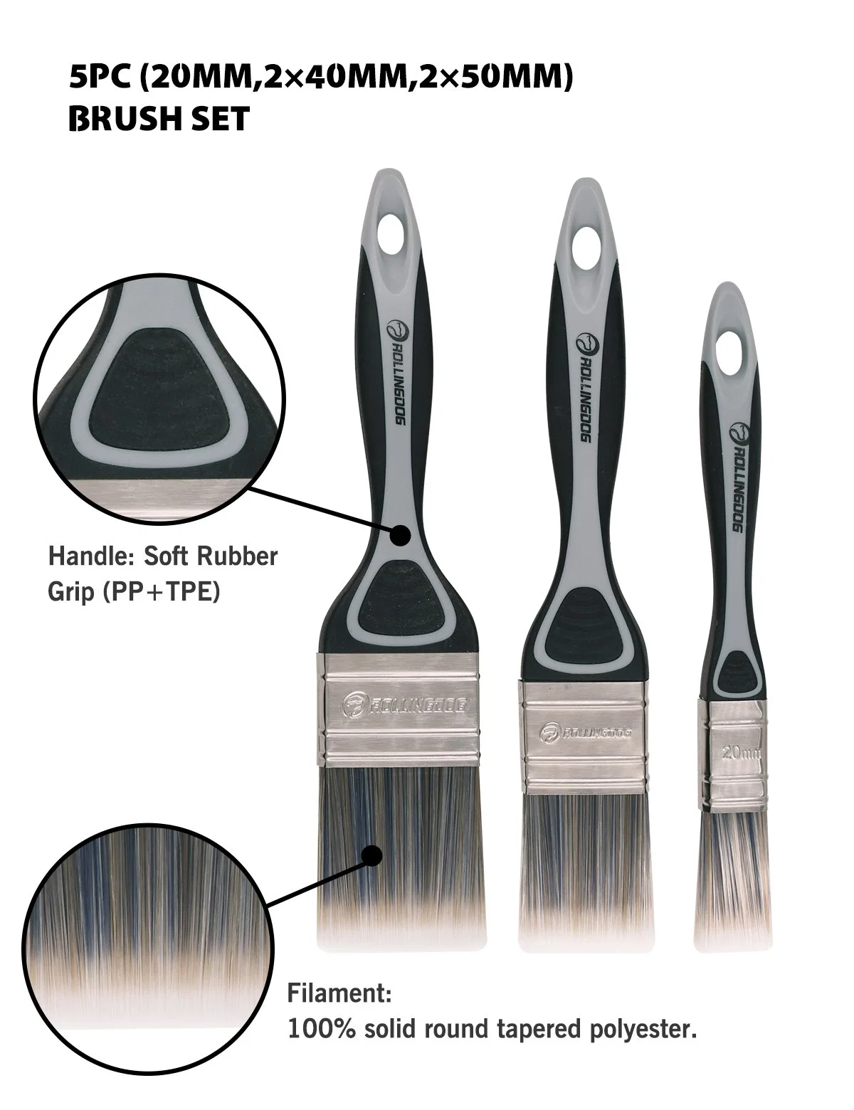 Rollingdog 10440 100% Srt Hand Tool 5PC Detail Paint Brush Set