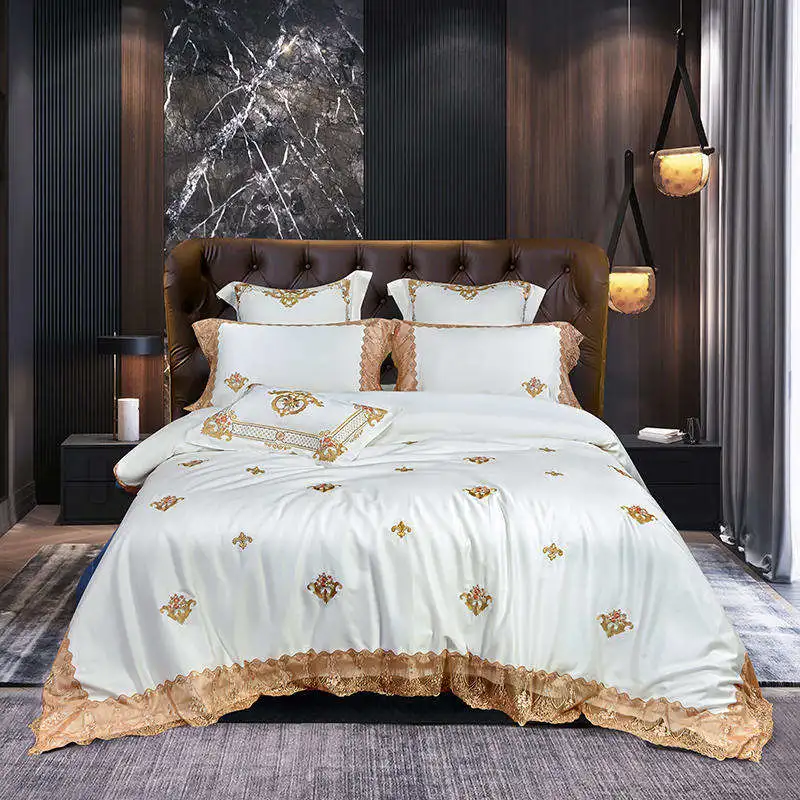 Edredão branco de lace com edredão queen size em algodão acetinado vintage Conjunto de roupas de cama Premium Home Textile 4PCS com capa dourada Fornecedor