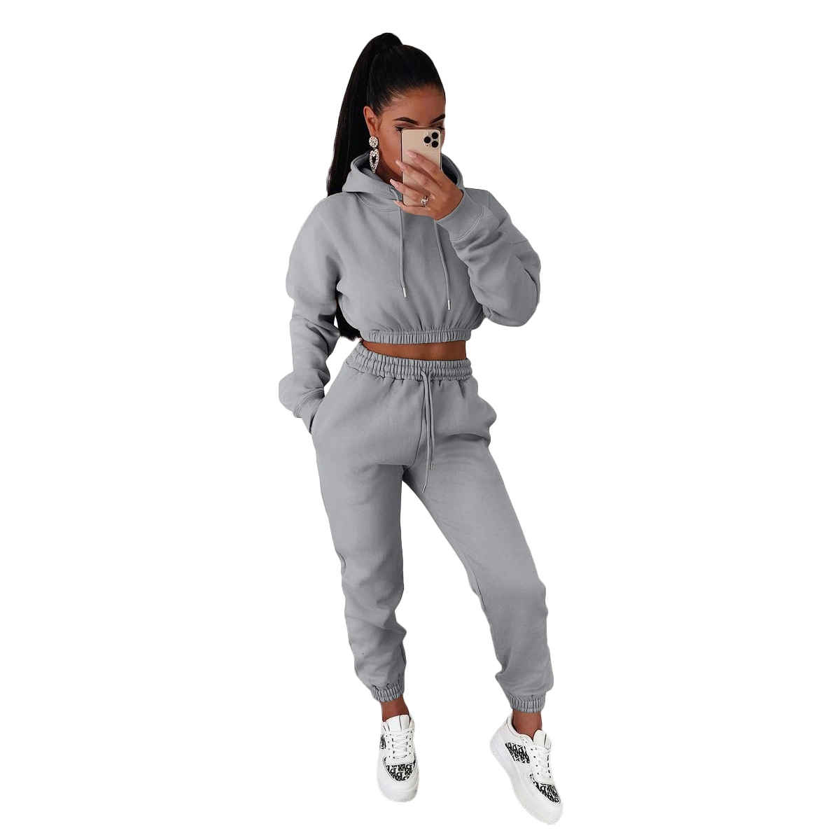 L286105 Women Winter Clothes Casual Khaki Thick Hooded Sweatpants Two Piece Outfits Set