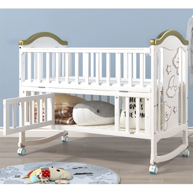 High quality/High cost performance  Honey Color Baby Furniture Crib Big Storage Space Extensible Wooden Baby Swing Crib