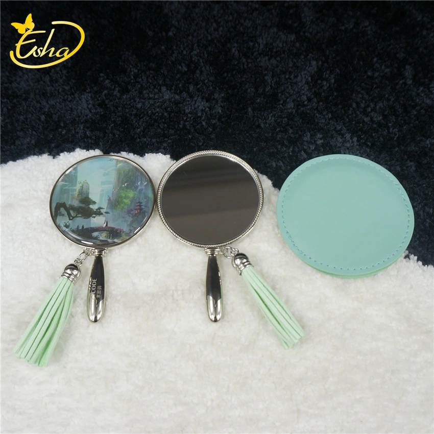 Metal Silver Round Handle Zinc Alloy Makeup Mirror